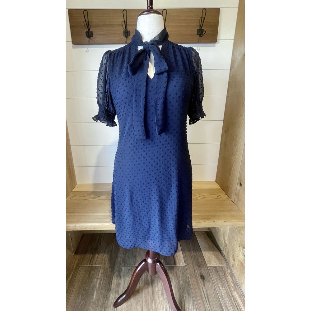 DKNY Navy Blue Shift Dress Short Sleeve Swiss Dot Sz 4 Bow Tie Lined Event